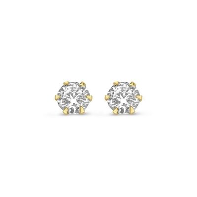 Boucles d'oreilles en or jaune 14K solitaire 4 mm zircone ronde blanche 6 griffes