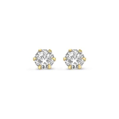 14K yellow gold earrings solitair 4 mm white round zirconia 6 prongs