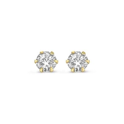 Boucles d'oreilles en or jaune 14K solitaire 4 mm zircone ronde blanche 6 griffes