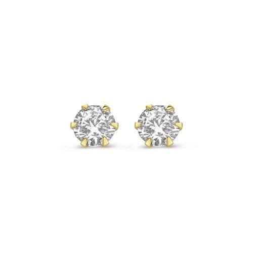 14K yellow gold earrings solitair 5 mm white round zirconia 6 prongs
