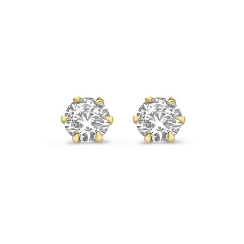 14K yellow gold earrings solitair 6 mm white round zirconia 6 prongs