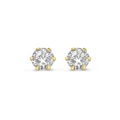 Pendientes oro amarillo 14K solitario 6 mm circonita blanca redonda 6 puntas