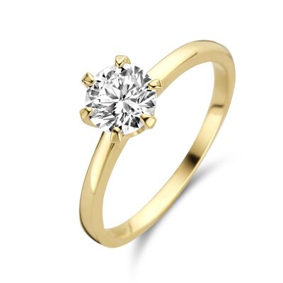 14K yellow gold ring solitair 6mm white round zirconia 6 prongs