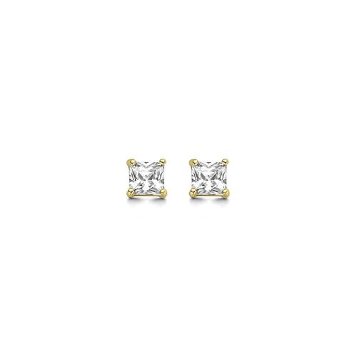 14K yellow gold earrings solitair 3mm white square zirconia 4 prong