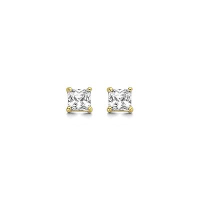 Boucles d'oreilles en or jaune 14K solitaire 5mm zircone carrée blanche 4 griffes