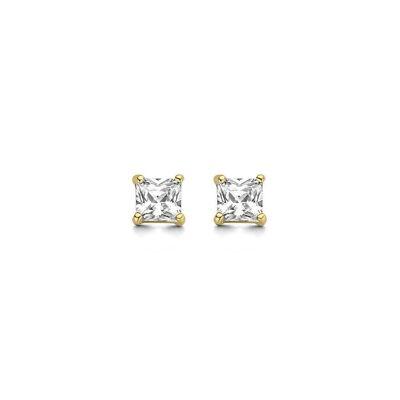 14K yellow gold earrings solitair 5mm white square zirconia 4 prong