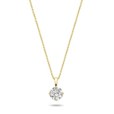 Collana in oro giallo 14K con pendente solitario 6mm zirconi bianchi tondi 39+3+3cm