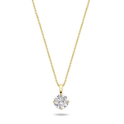 14K yellow gold necklace with pendant solitair 6mm white round zirconia 39+3+3cm