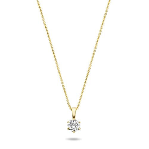 14K yellow gold necklace with pendant solitair 4mm white round zirconia 39+3+3cm