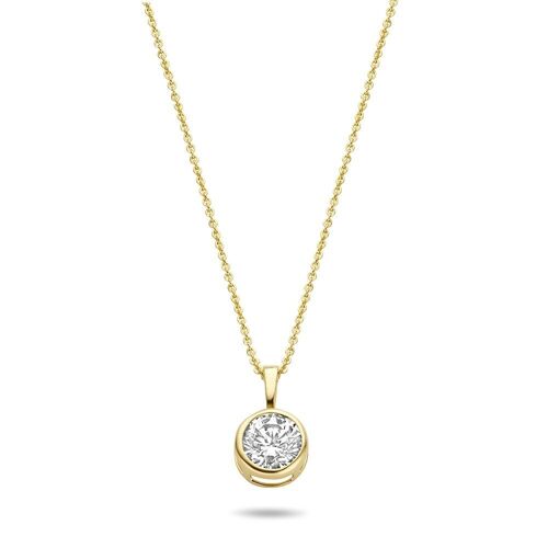 14K yellow gold necklace with pendant solitair 6mm white round zirconia with bezel 39+3+3cm