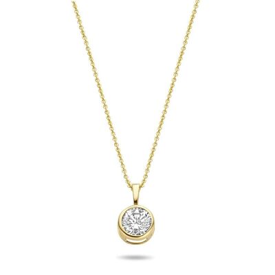 Collier en or jaune 14K avec pendentif solitaire 6mm zircone ronde blanche avec lunette 39+3+3cm