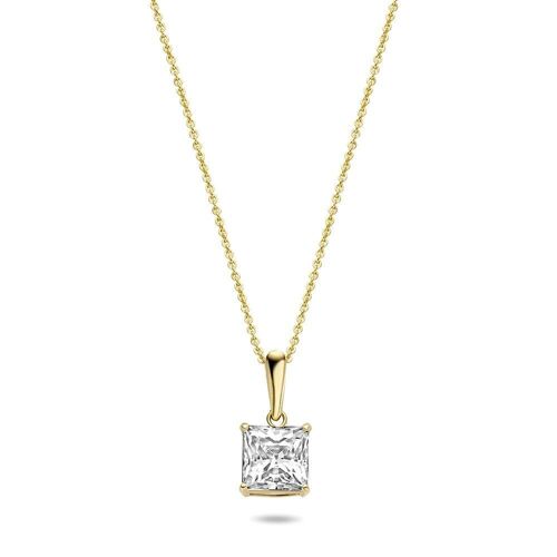14K yellow gold necklace with pendant solitair 6mm white square zirconia 39+3+3cm