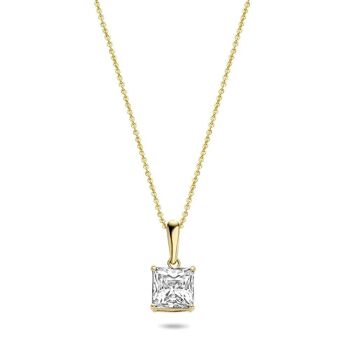 Collier en or jaune 14K avec pendentif solitaire oxyde de zirconium carré blanc 6mm 39+3+3cm 1