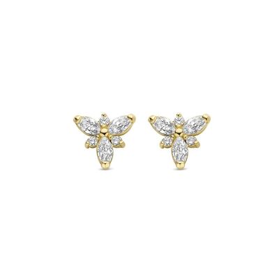 14K yellow gold earrings dragonfly with white zirconia
