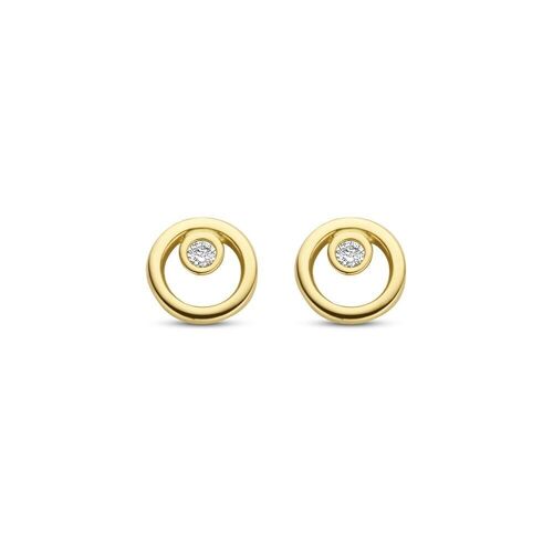14K yellow gold earrings open circle with white round zirconia