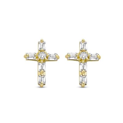 14K yellow gold earrings cross with white baguette zirconia