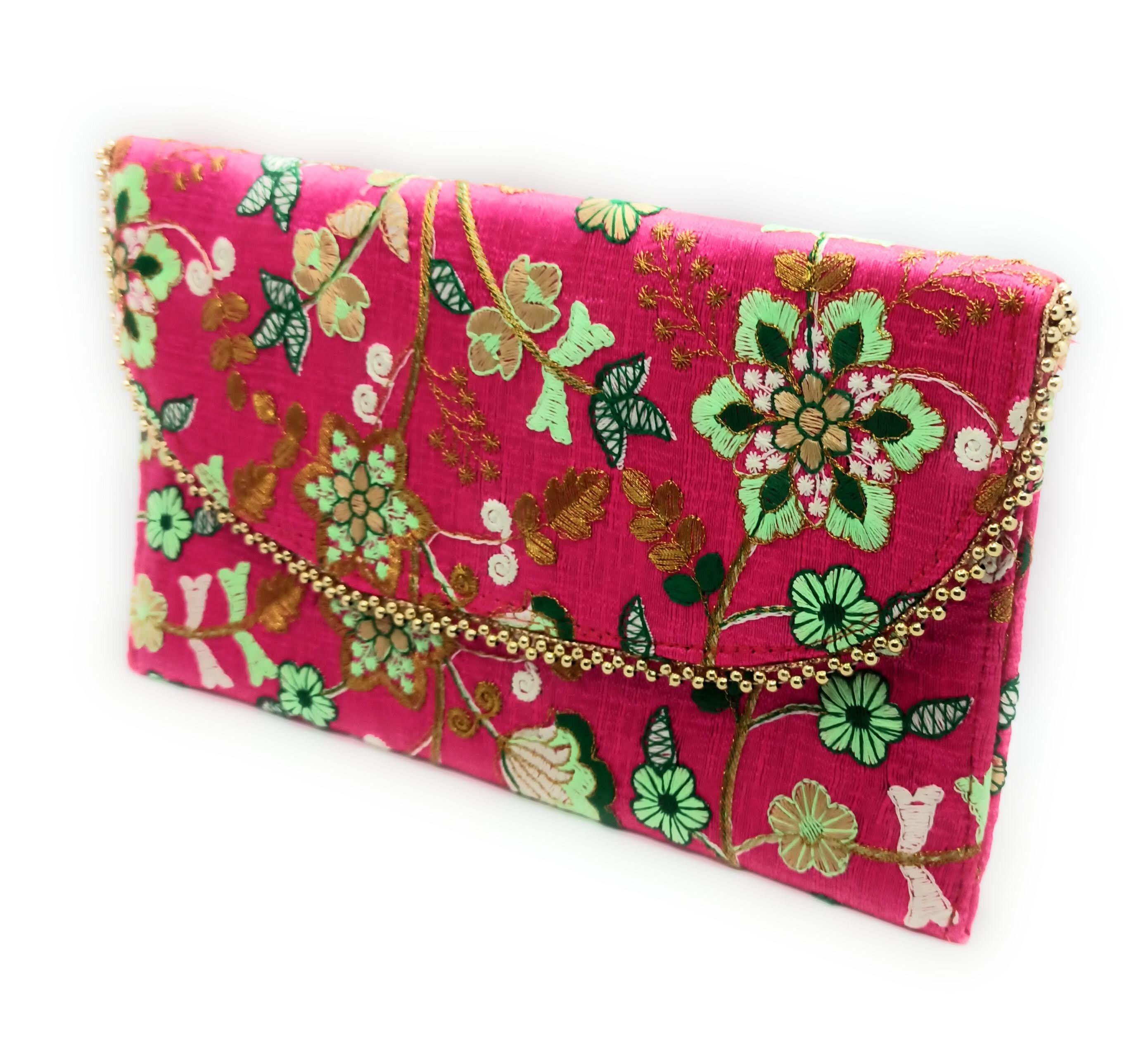 Pochette Grande Ricamata Artigianato, Verde Fucsia