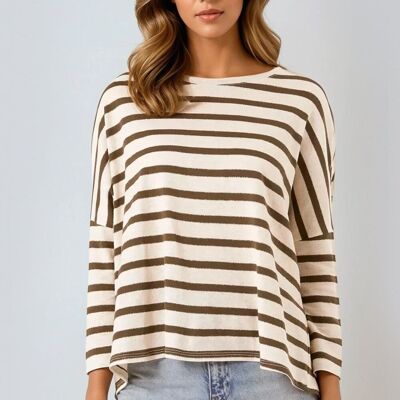 Top de punto con rayas de lúrex de color caqui