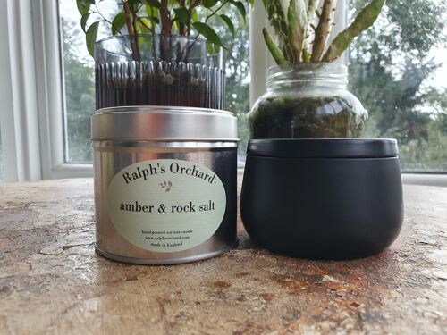 Amber & Rock Salt scented soy candles in tin