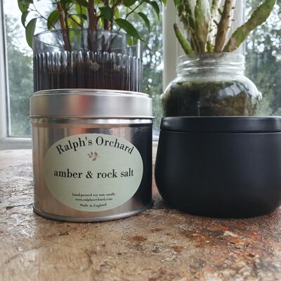 Amber & Rock Salt scented soy candles in tin