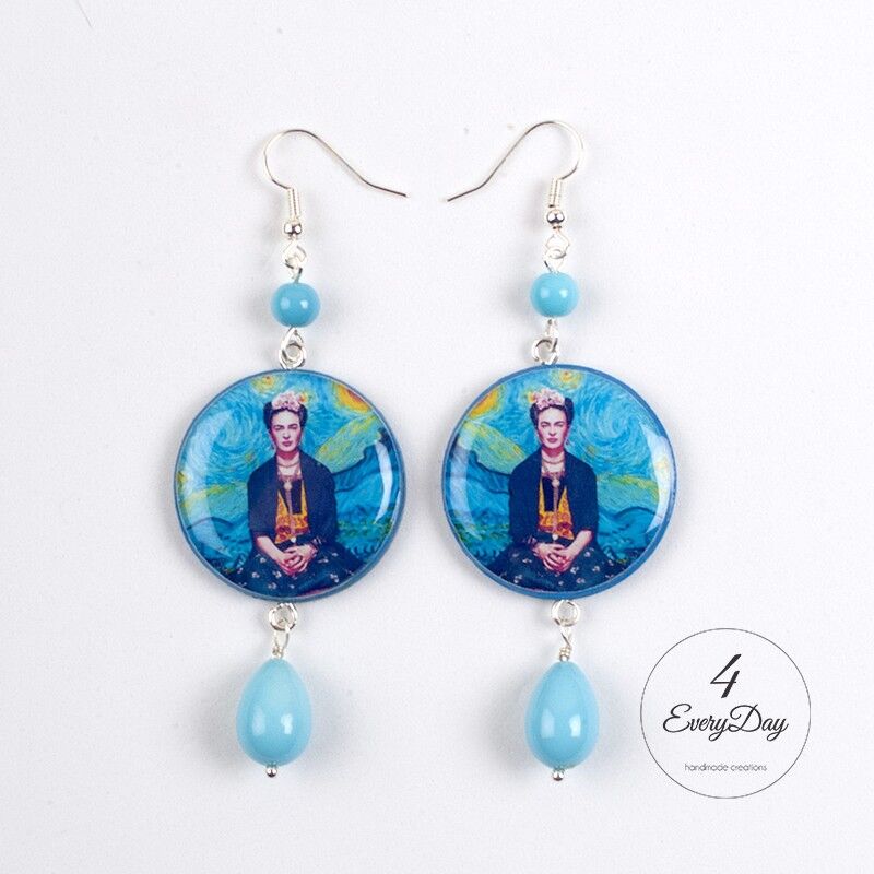 Pendientes artesanales en madera y resina Frida Kahlo y Noche Estrellada