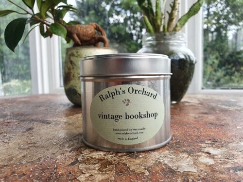 Vintage Bookshop scented soy candles in silver tin
