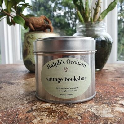 Vintage Bookshop scented soy candles in silver tin