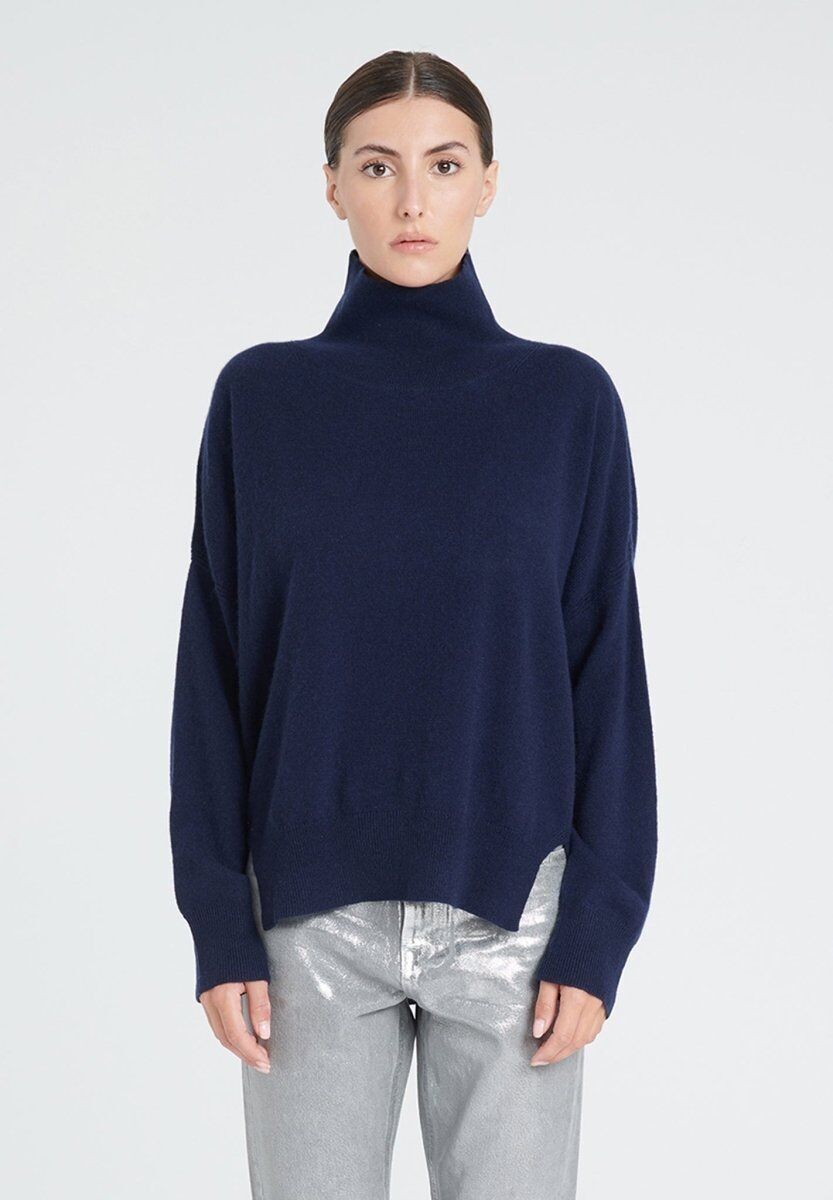 Marineblauer Kaschmir-Pullover mit Stehkragen für Damen – ZAYA 13