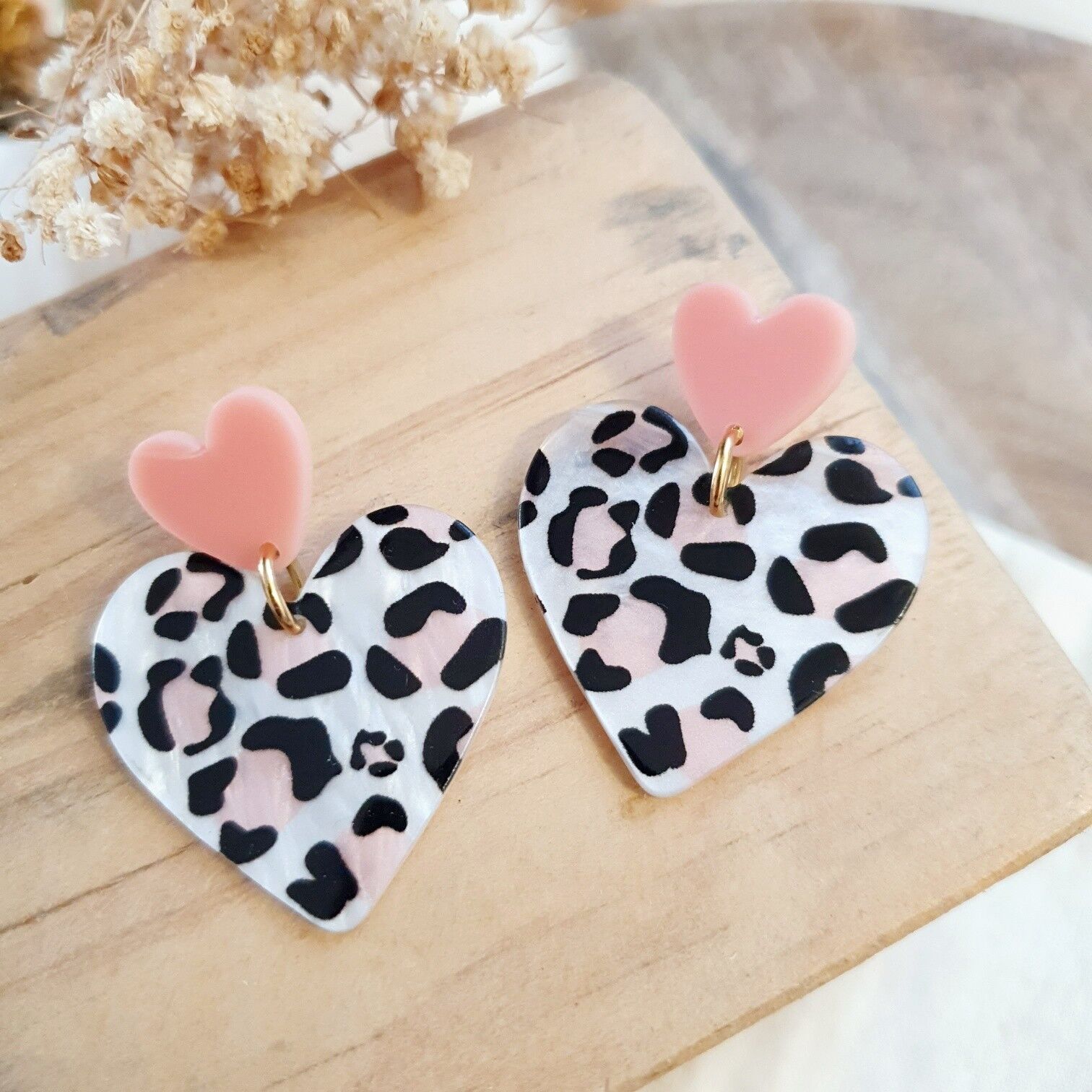 2 pink and leopard heart stainless steel earrings