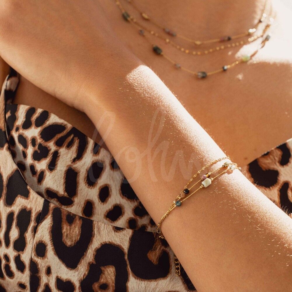 Bracciale - 3 maglie, caffè e serpente con pietre cilindriche naturali