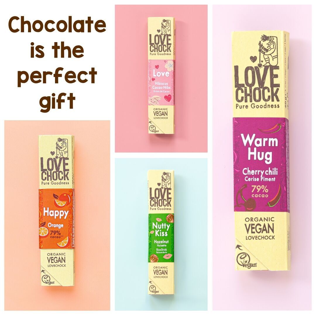 Schokoladenpaket als Geschenk zu verschenken!48 Bio- und vegane Schokoriegel (Love, NK, WH, Happy)