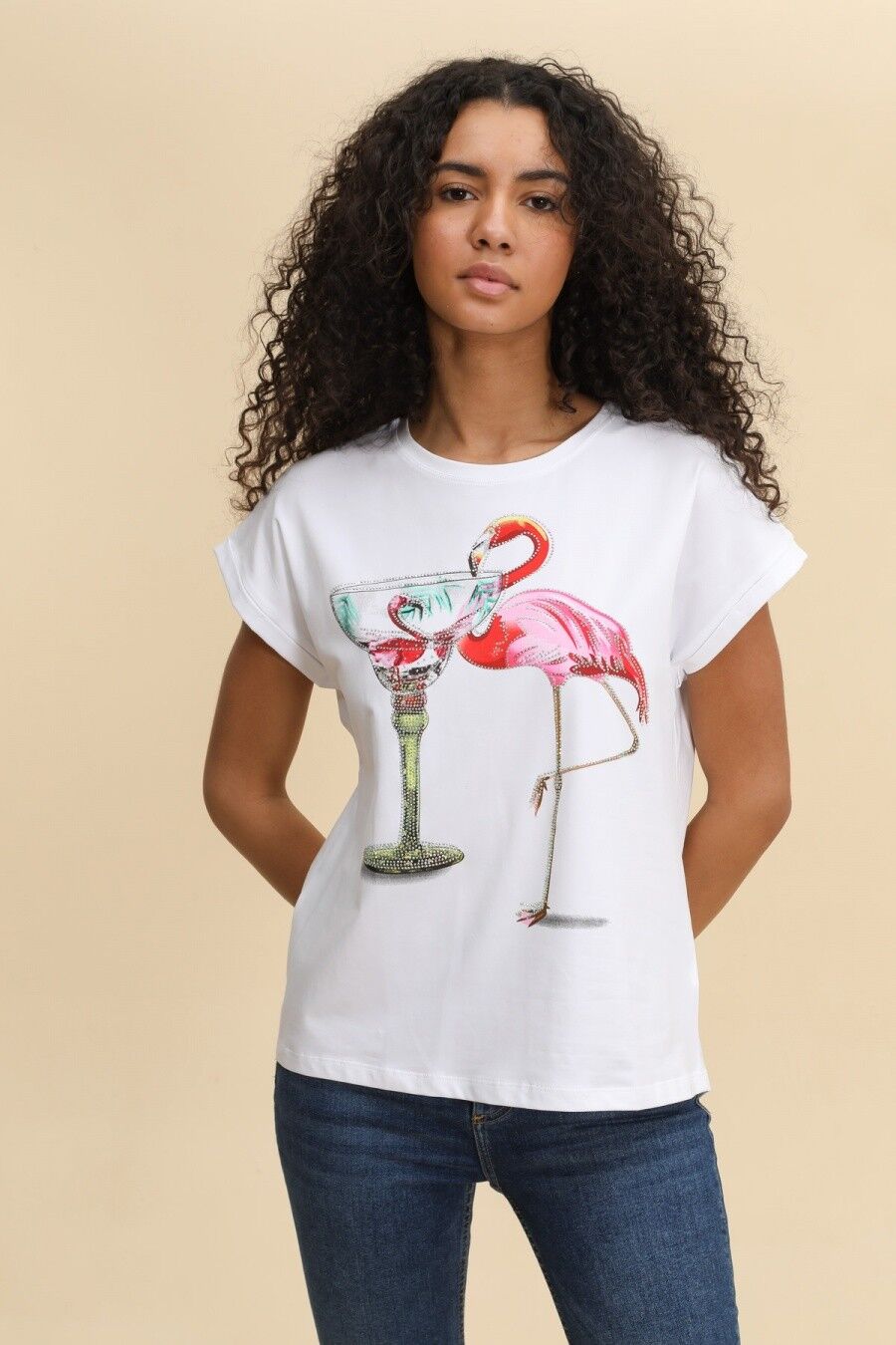 Bedrucktes Baumwoll-T-Shirt mit geprägtem Flamingo-Motiv in Cocktailrosa