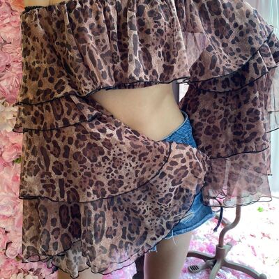 Leopard print off-the-shoulder crop top with long sleeves