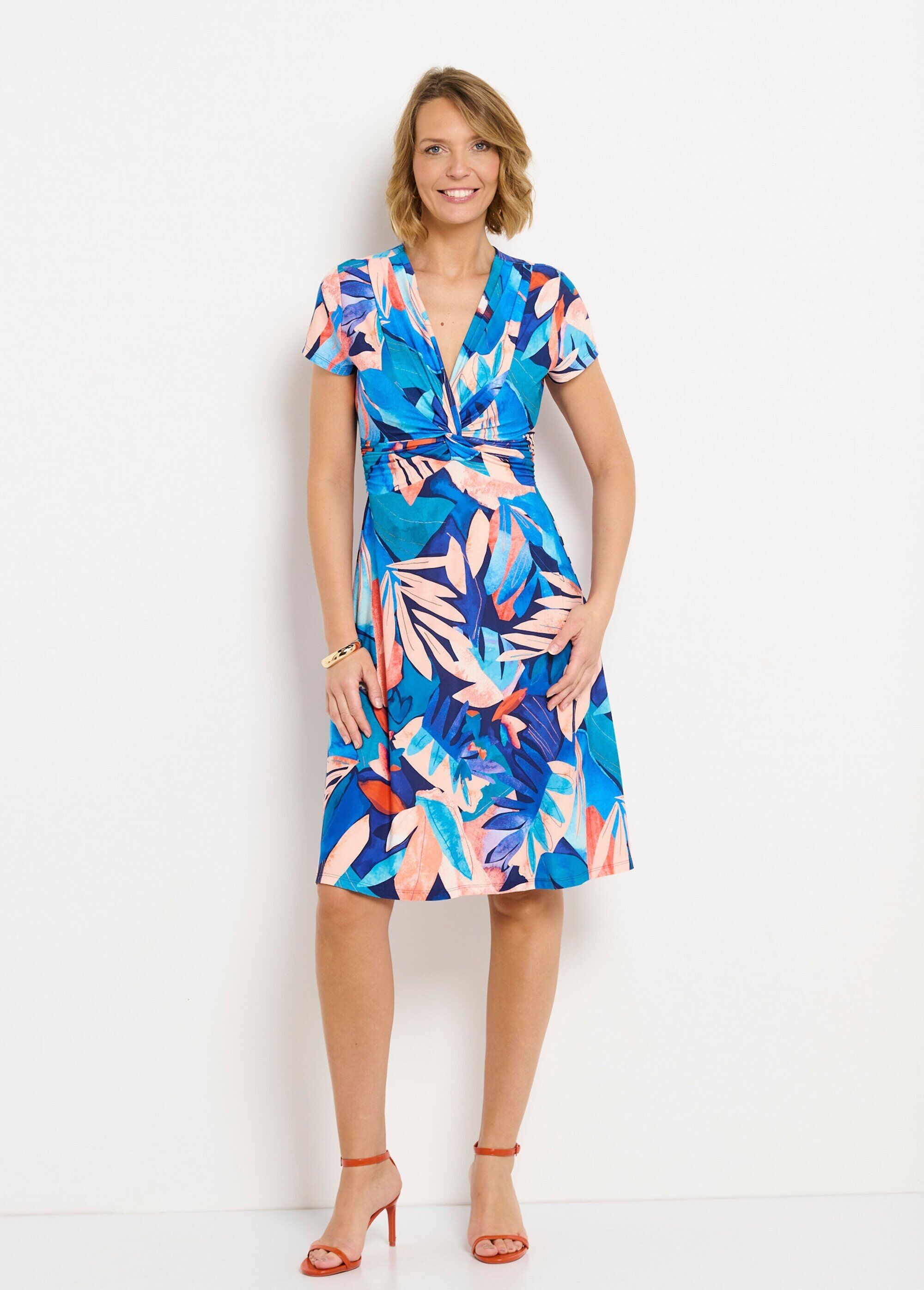 Abito corto con scollo a V con effetto drappeggiato e stampa di foglie