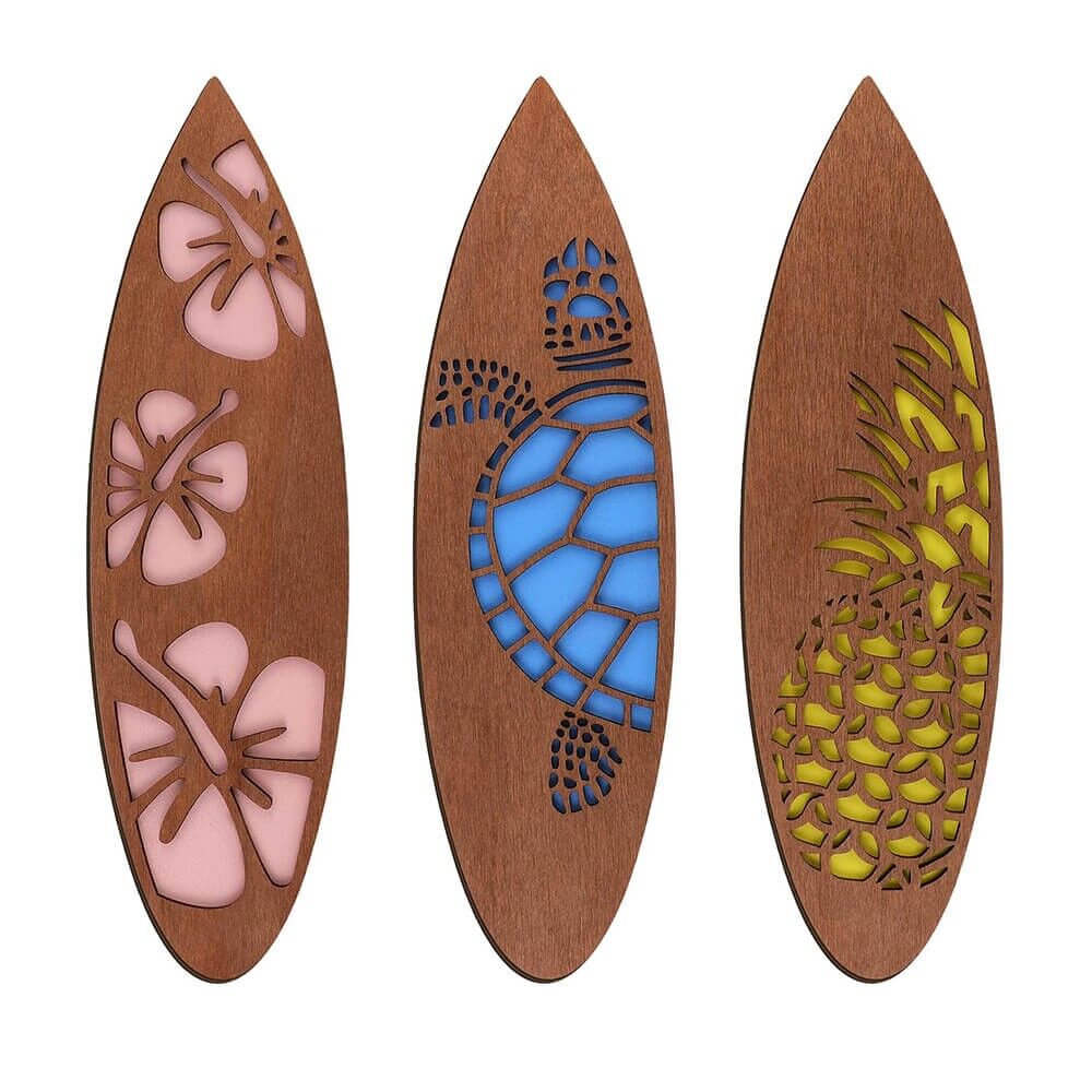 Set da 3 pezzi con cartello da parete a forma di tavola da surf