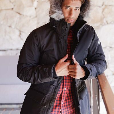 Parka blu navy con cappuccio in pelliccia staccabile
