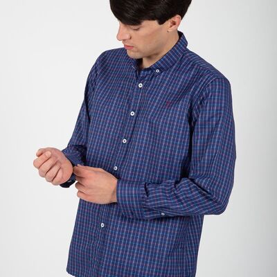 Chemise bleu marine à carreaux rouges