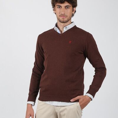 Brown V-neck sweater with elbow patches