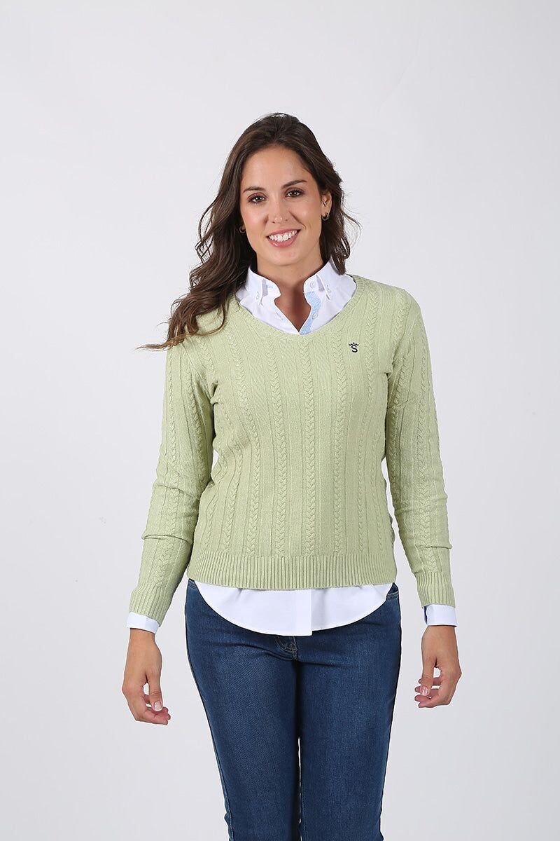 Maglione lavorato a trecce con scollo a V verde