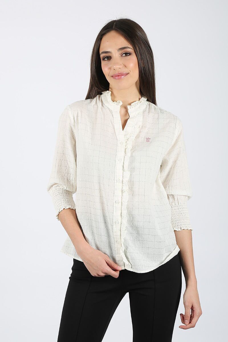 Camicetta bianco sporco con quadri argento