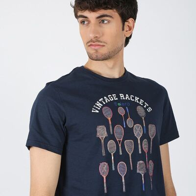 T-shirt blu scuro con racchette vintage
