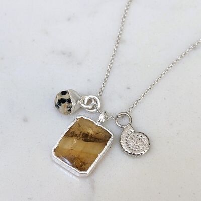 The Trio Citrine, Dalmatian Jasper and Charm Necklace