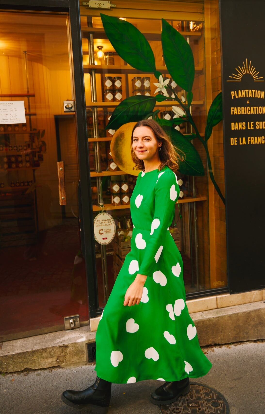 Vestido Adèle verde con grandes corazones