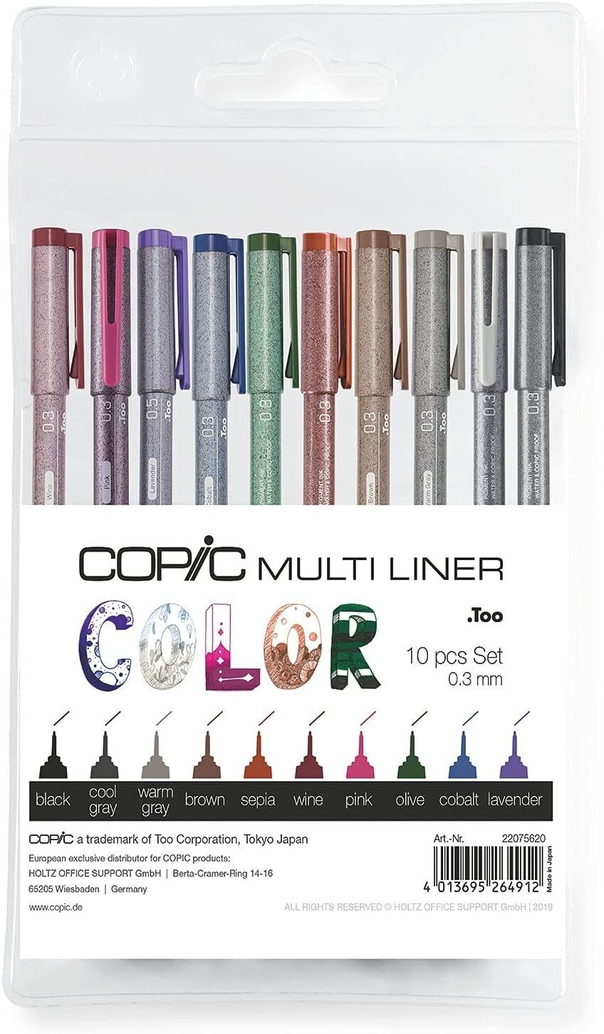 COPIC Multiliner Coloured Marker Pen - Set Colour set of 10 (0,3mm), For Art & Crafts, Colouring, Graphics, Highlighter, Design, Anime, Professional & Beginners, Art Supplies & Colouring Books