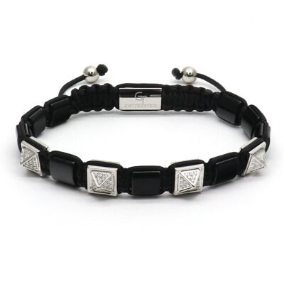 BLACK ONYX Pyramid Bracelet - Silver CZ Beads