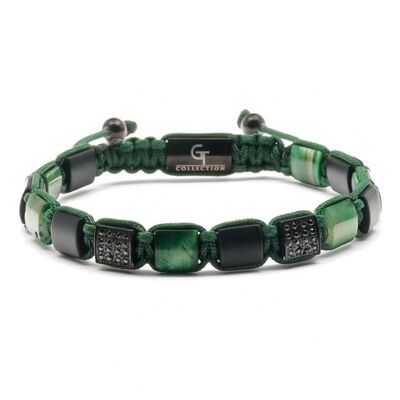 GREEN TIGER EYE, MATTE ONYX Flatbead Bracelet - Green & Black Stones
