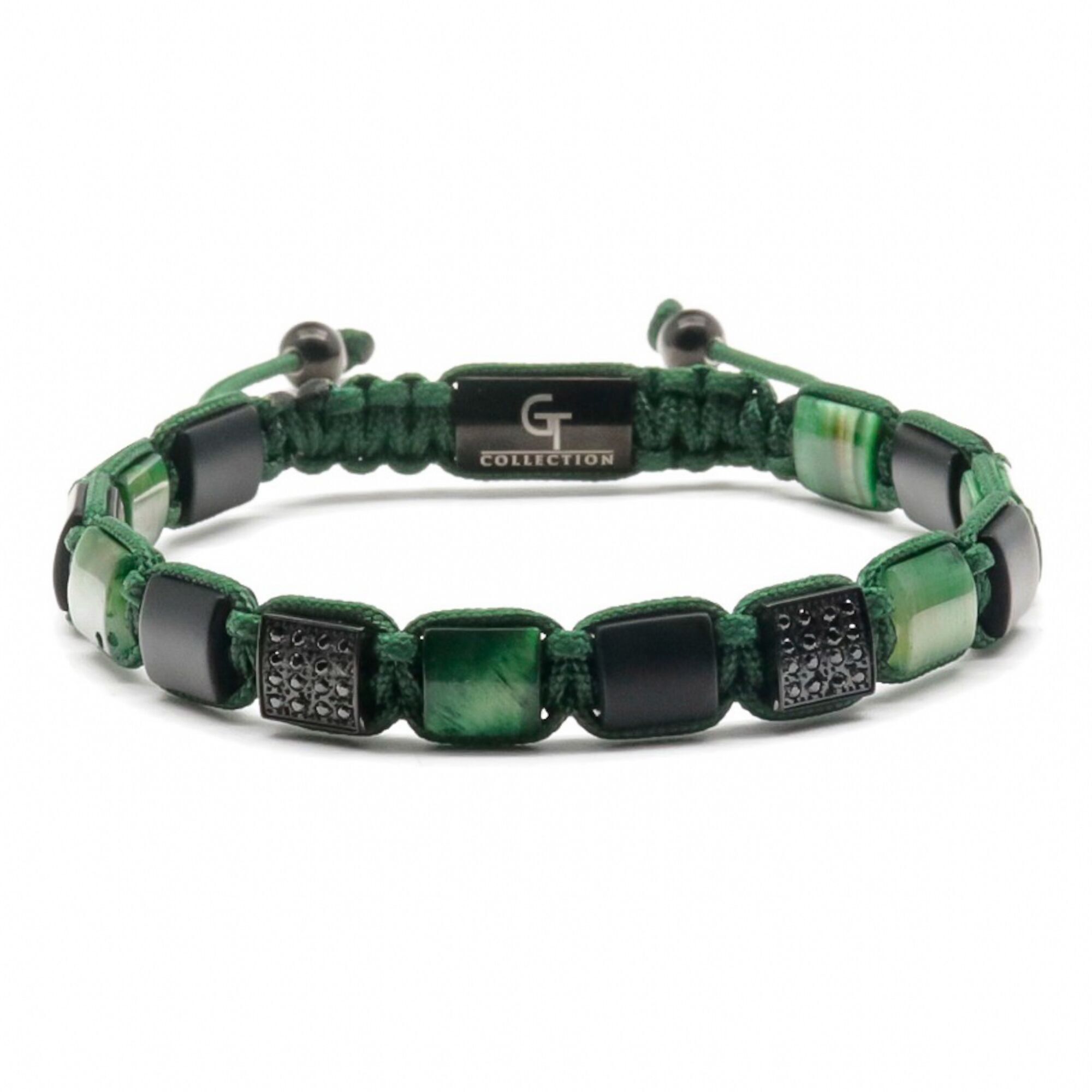 OJO DE TIGRE VERDE, ONYX MATE Pulsera de cuentas planas - Piedras verdes y negras