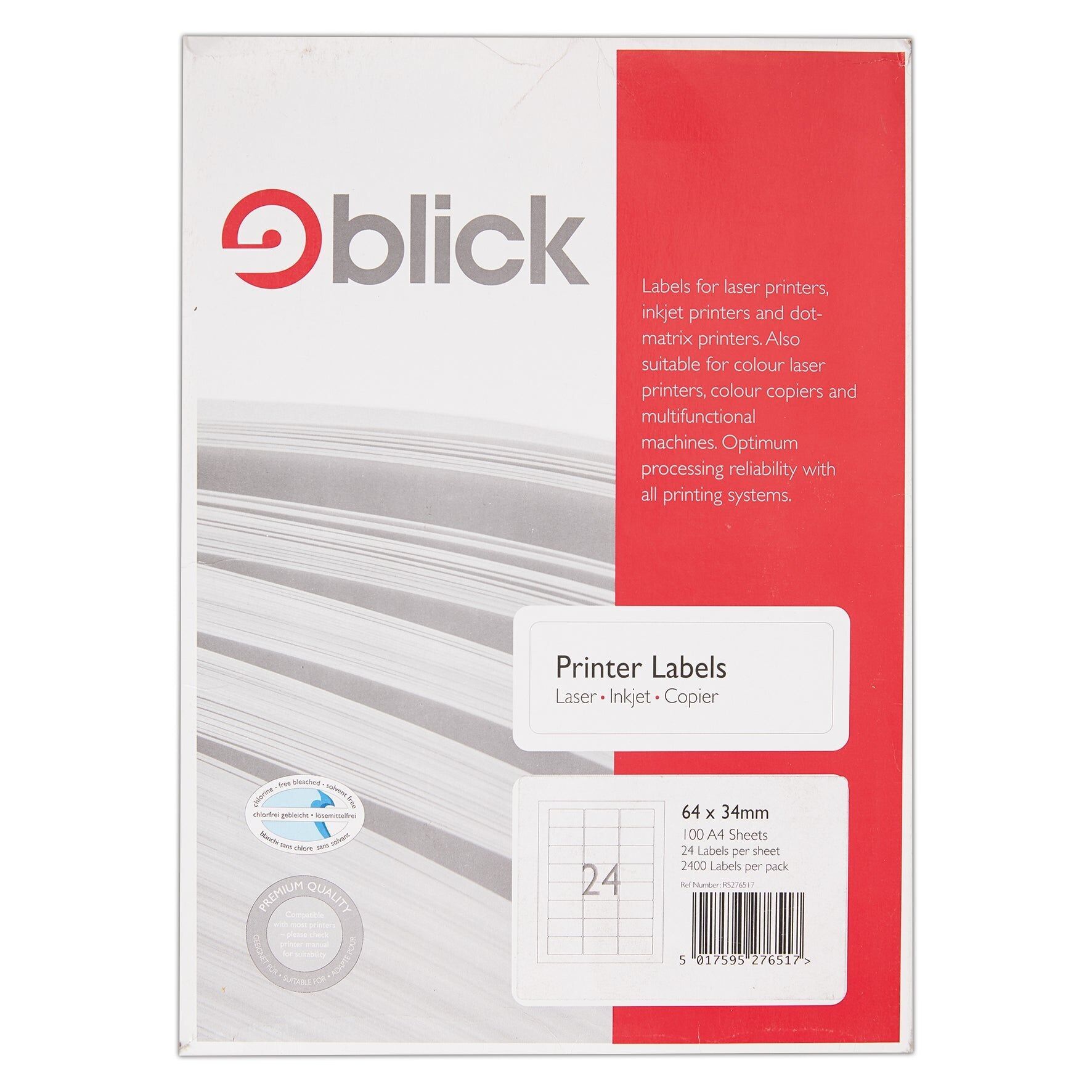 Blick Recycled Labels 24 Per Sheet 100 Sheets, 64mm x 34mm, Rectangular, White, 2400 Labels
