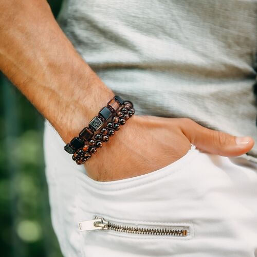 RED TIGER EYE, MATTE ONYX Flatbead Bracelet - Red & Black Gemstones