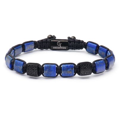 Bracelet en perles plates LAPIS LAZULI - Pierres précieuses bleues et perle CZ noire